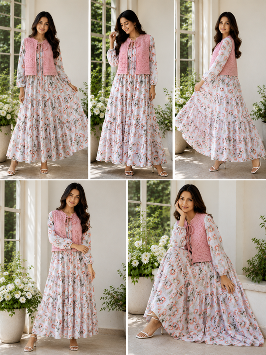 Pink Floral Printed Maxi Dress with Premium Chicken Kari Cotton Koti
