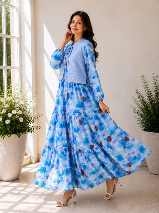 Blue Printed Maxi dress with Premium Chicken Kari lown Koti