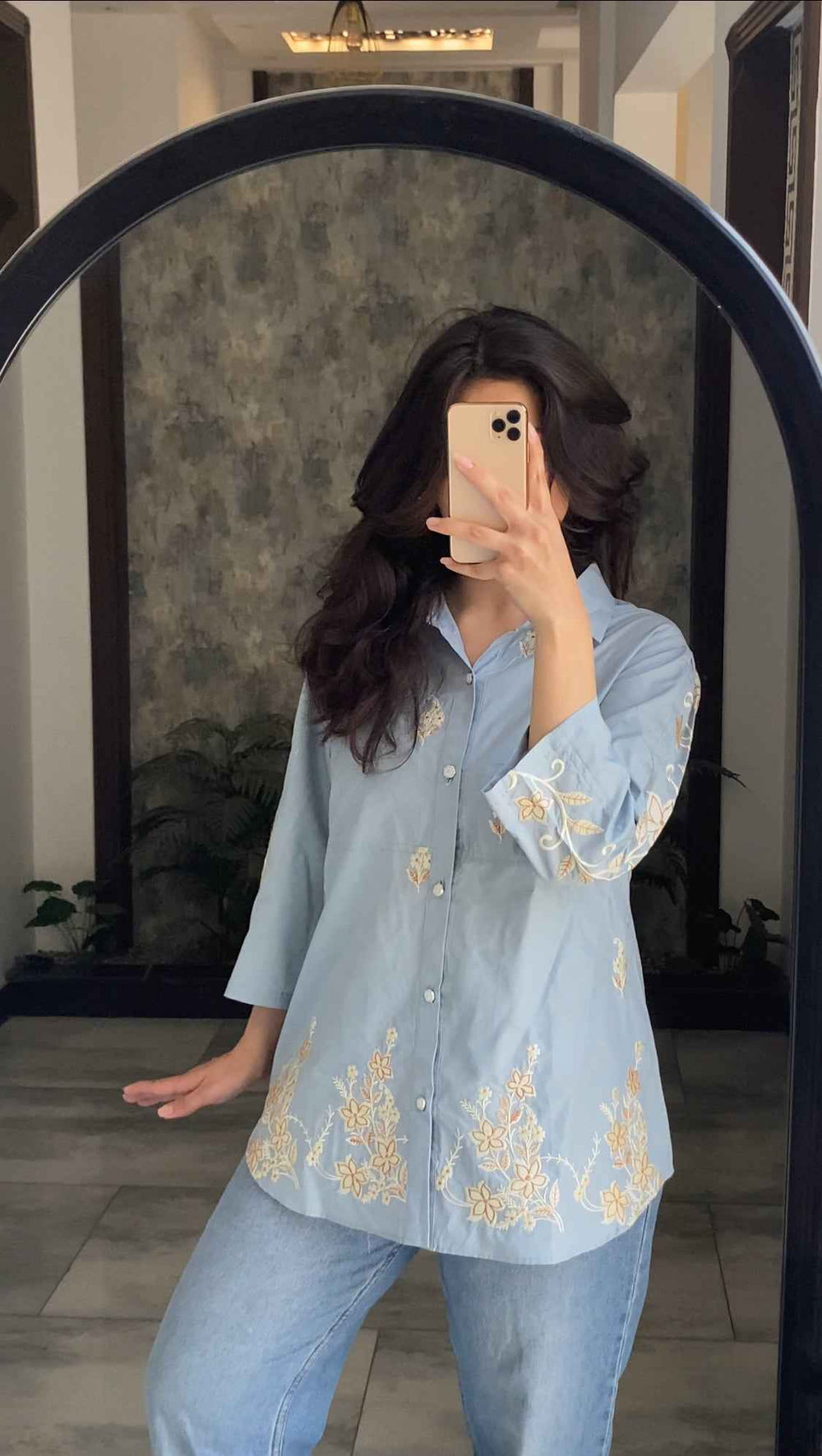 Mocha Embroidered Premium Cotton Shirt for Women – Floral Button-Down Summer Top