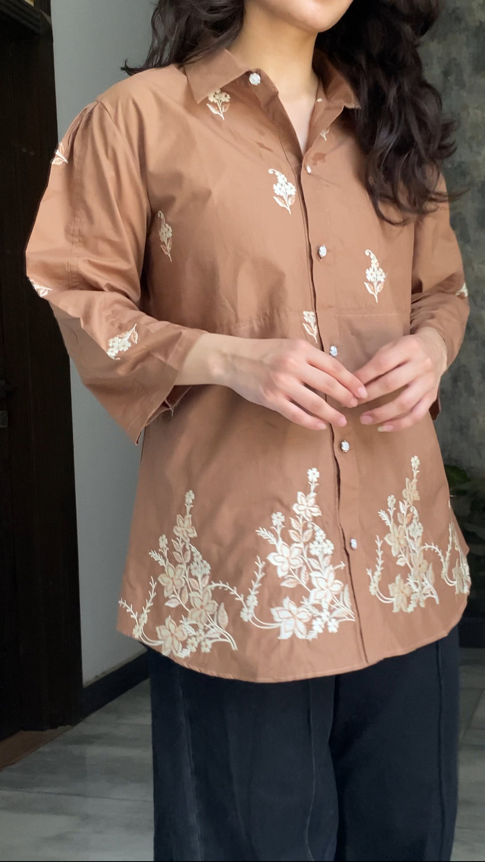 Mocha Embroidered Premium Cotton Shirt for Women – Floral Button-Down Summer Top