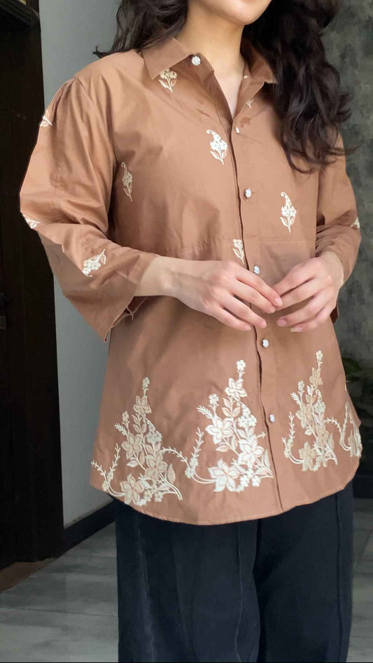 Mocha Embroidered Premium Cotton Shirt for Women – Floral Button-Down Summer Top
