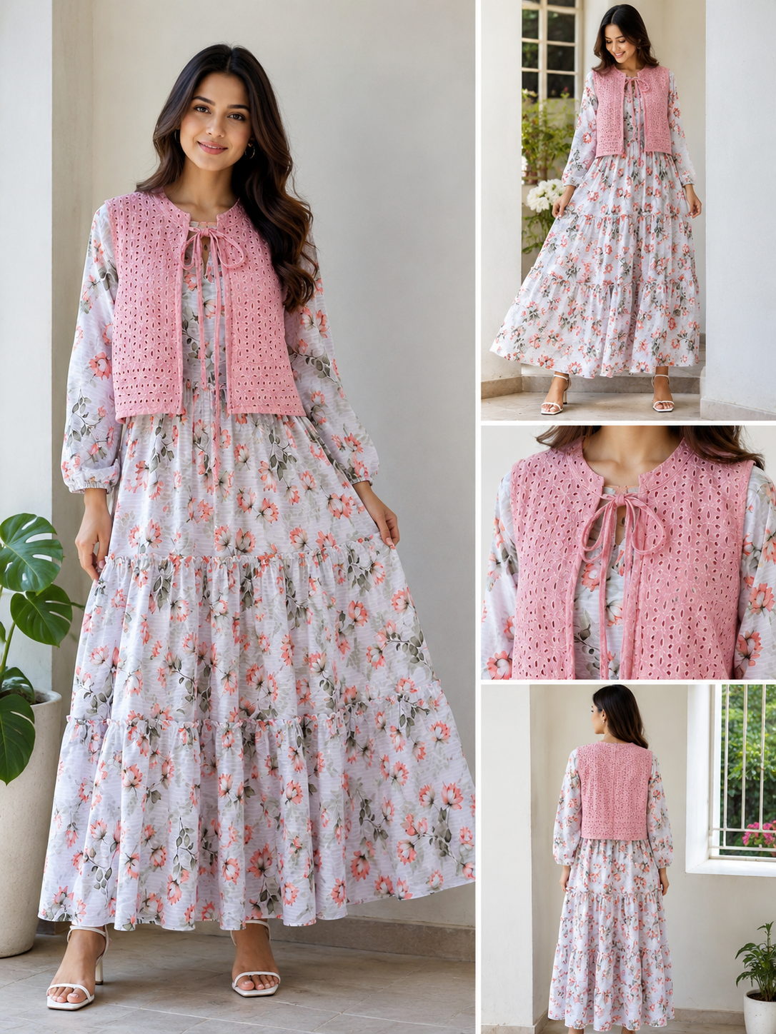 Pink Floral Printed Maxi Dress with Premium Chicken Kari Cotton Koti