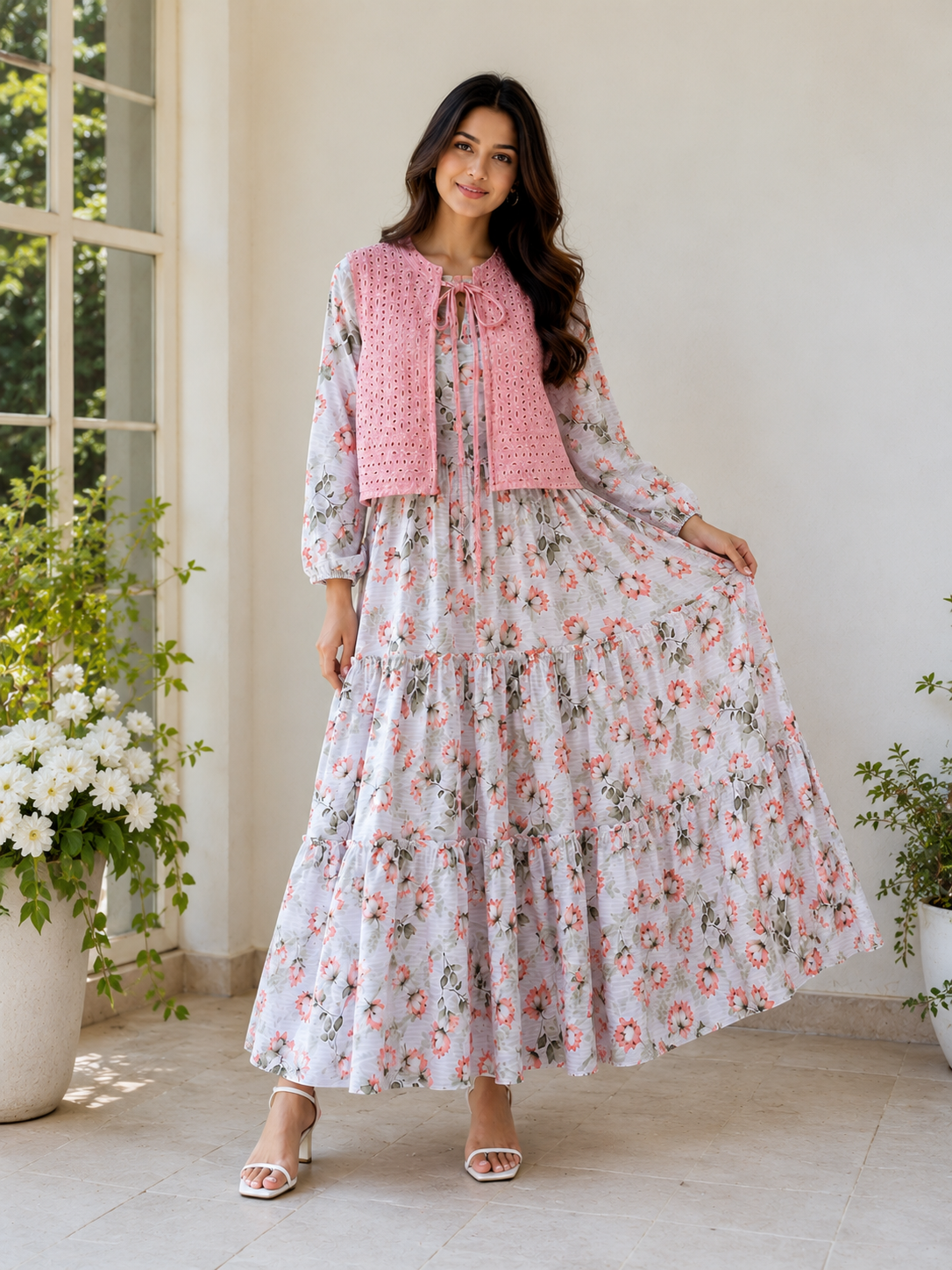 Pink Floral Printed Maxi Dress with Premium Chicken Kari Cotton Koti