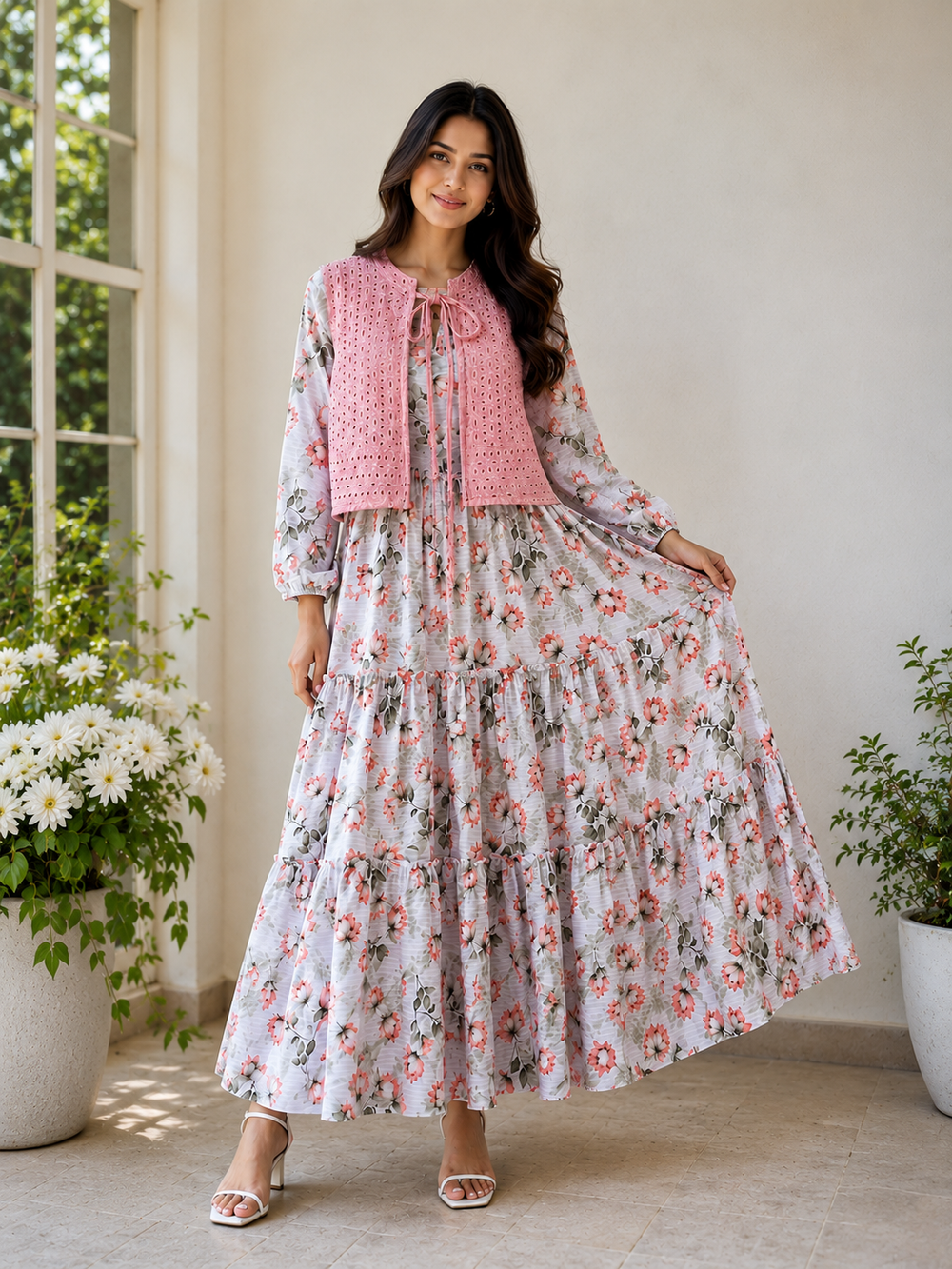 Pink Floral Printed Maxi Dress with Premium Chicken Kari Cotton Koti