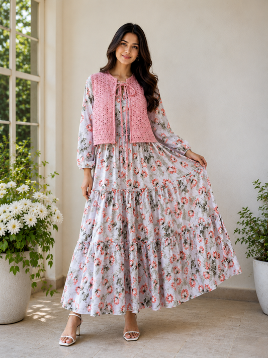 Pink Floral Printed Maxi Dress with Premium Chicken Kari Cotton Koti
