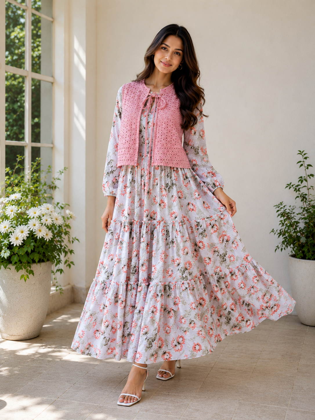 Pink Floral Printed Maxi Dress with Premium Chicken Kari Cotton Koti
