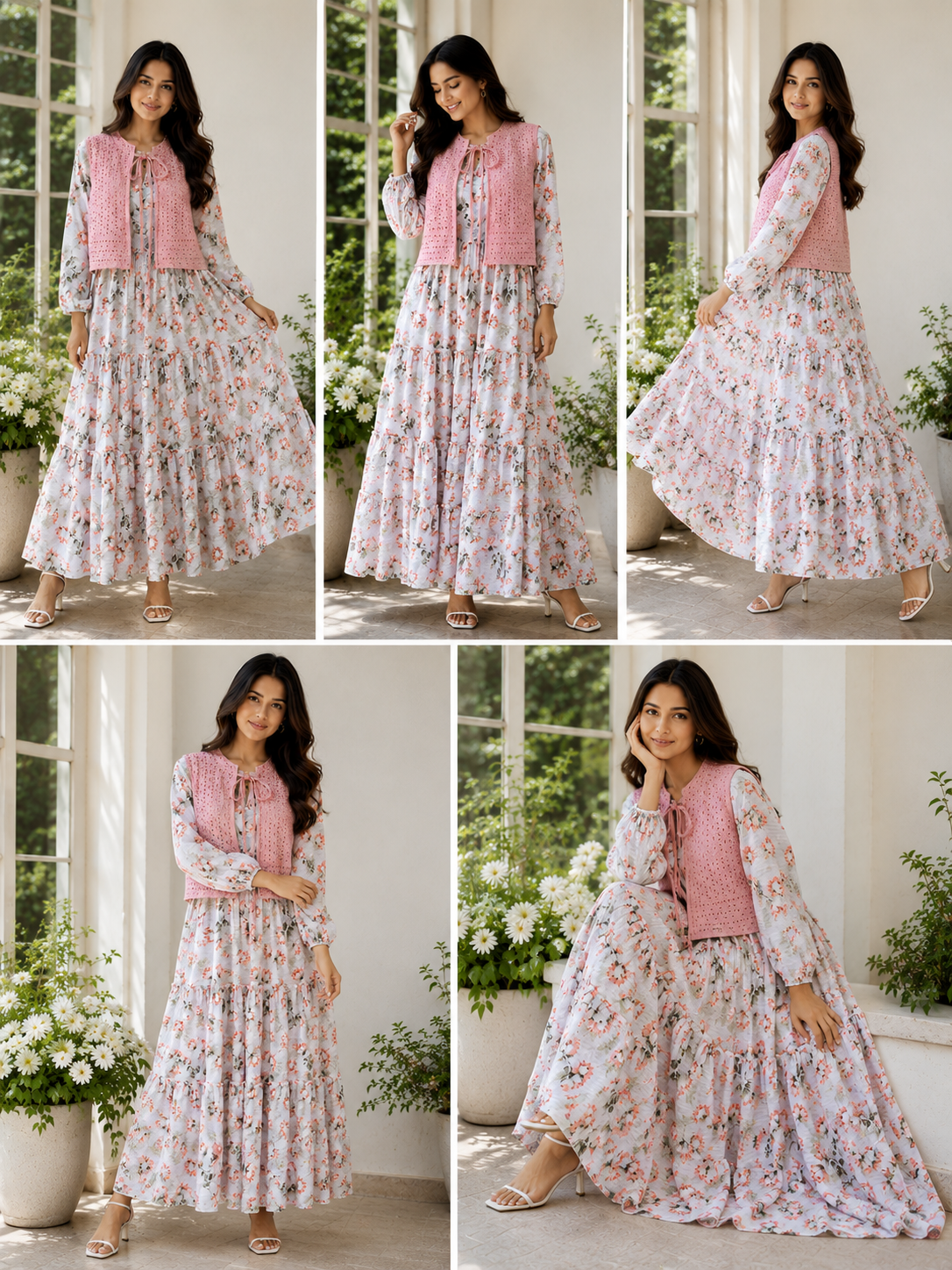 Pink Floral Printed Maxi Dress with Premium Chicken Kari Cotton Koti