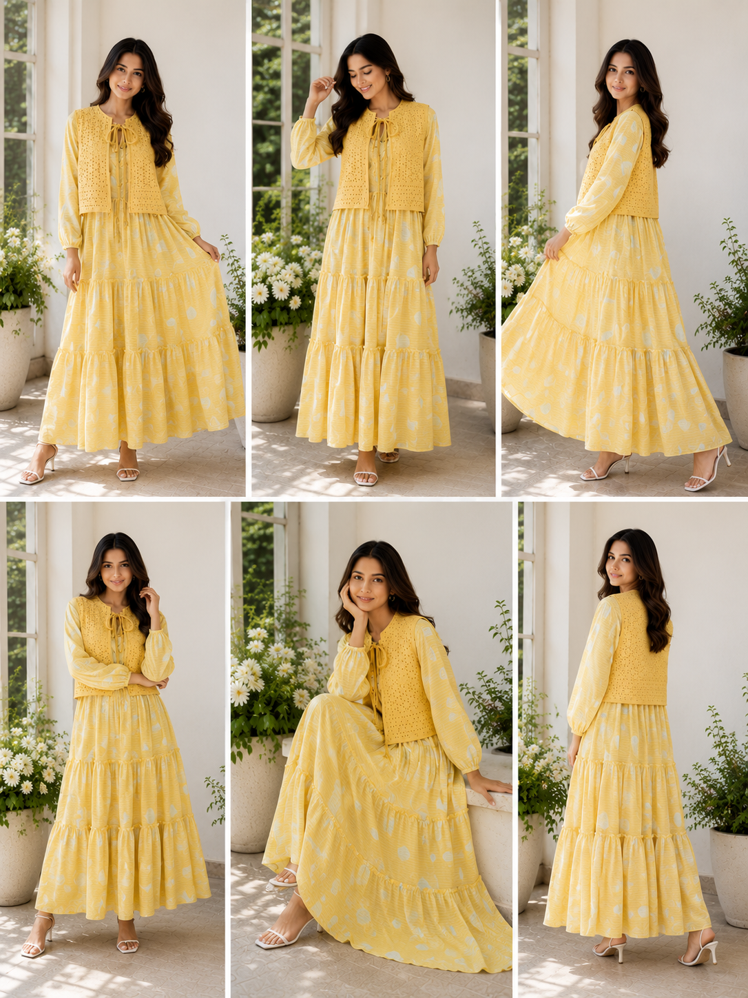 Mustard Printed Tiered Maxi Dress with Premium Chicken Kari Cotton Koti