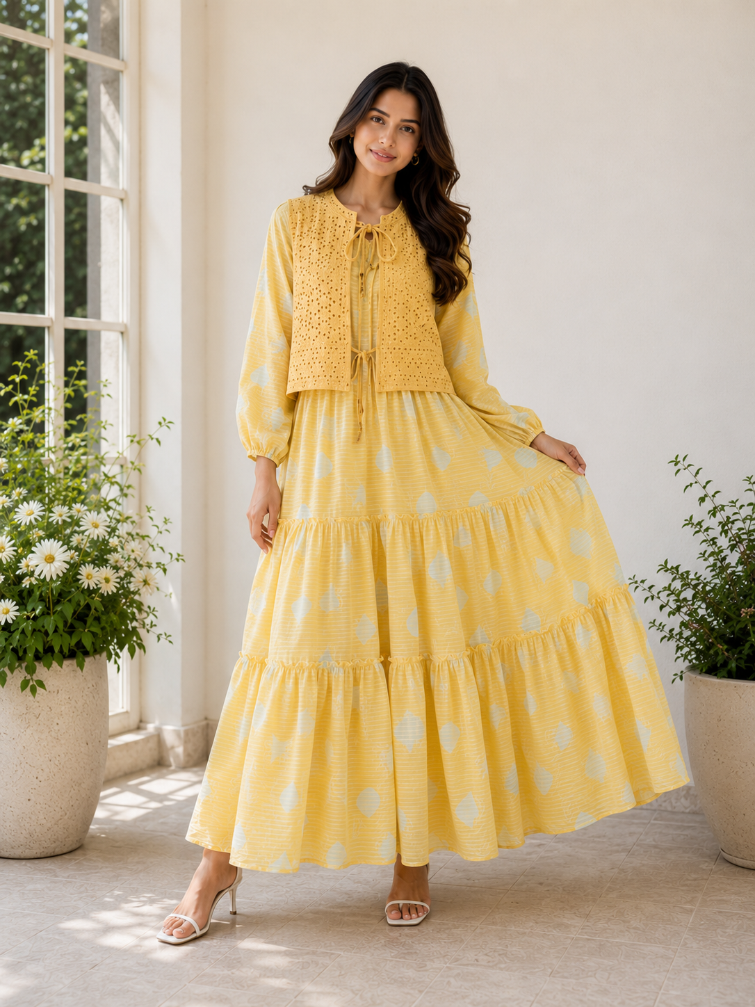 Mustard Printed Tiered Maxi Dress with Premium Chicken Kari Cotton Koti