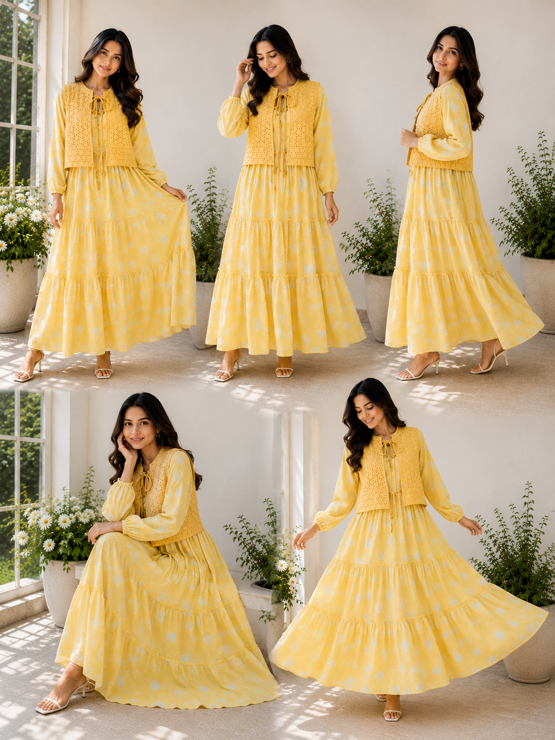 Mustard Printed Tiered Maxi Dress with Premium Chicken Kari Cotton Koti