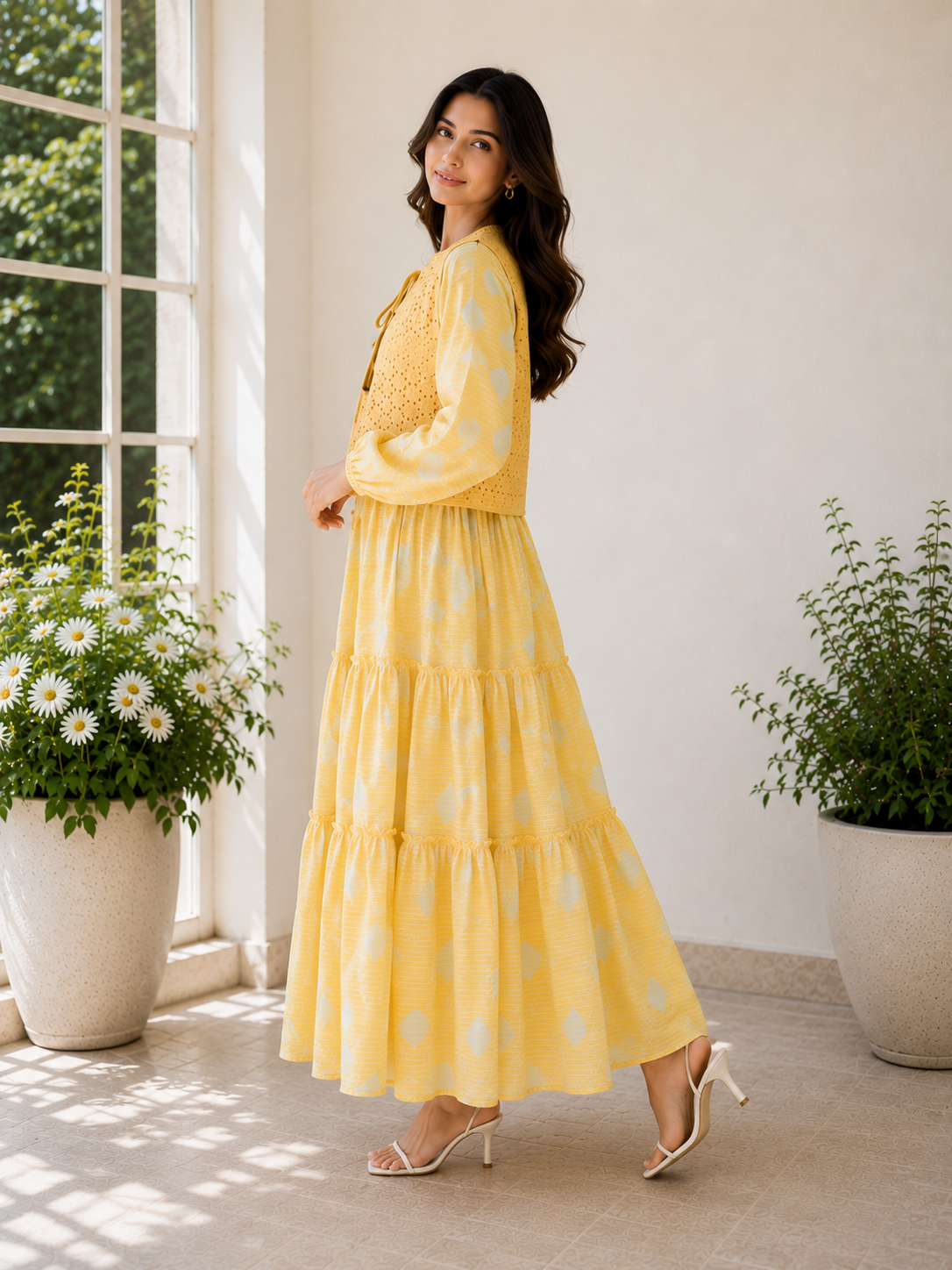 Mustard Printed Tiered Maxi Dress with Premium Chicken Kari Cotton Koti