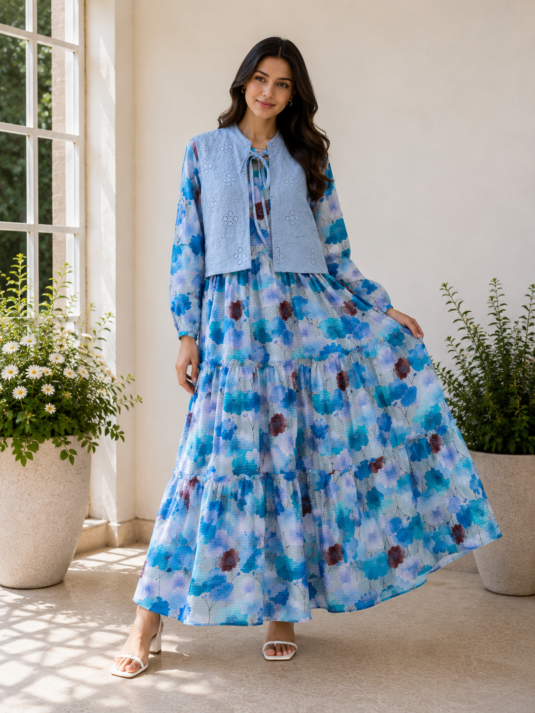 Blue Printed Maxi dress with Premium Chicken Kari lown Koti
