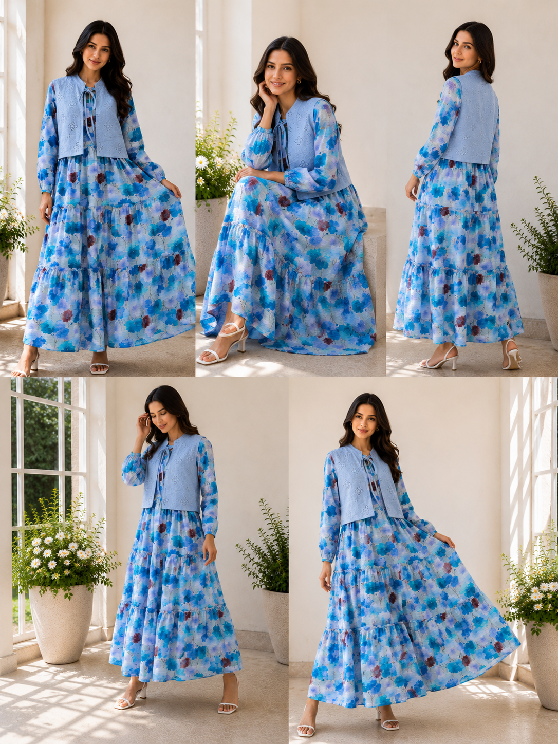 Blue Printed Maxi dress with Premium Chicken Kari lown Koti