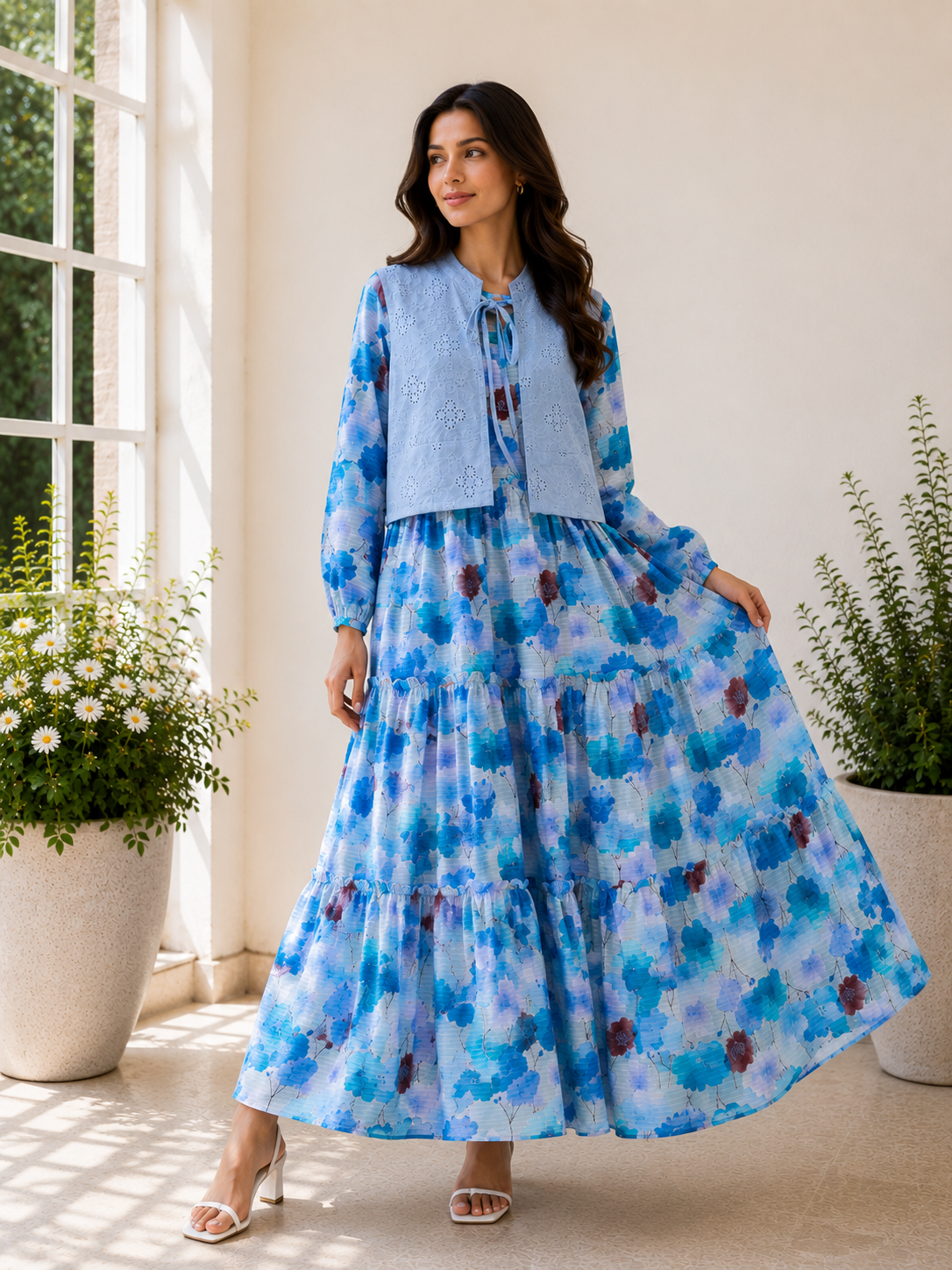 Blue Printed Maxi dress with Premium Chicken Kari lown Koti