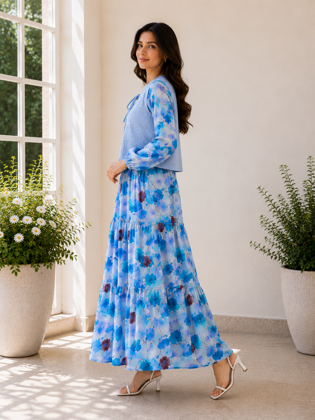 Blue Printed Maxi dress with Premium Chicken Kari lown Koti