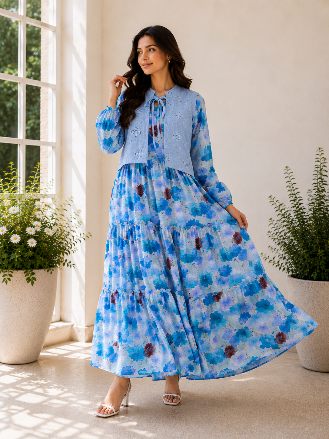 Blue Printed Maxi dress with Premium Chicken Kari lown Koti