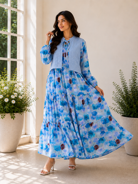 Blue Printed Maxi dress with Premium Chicken Kari lown Koti
