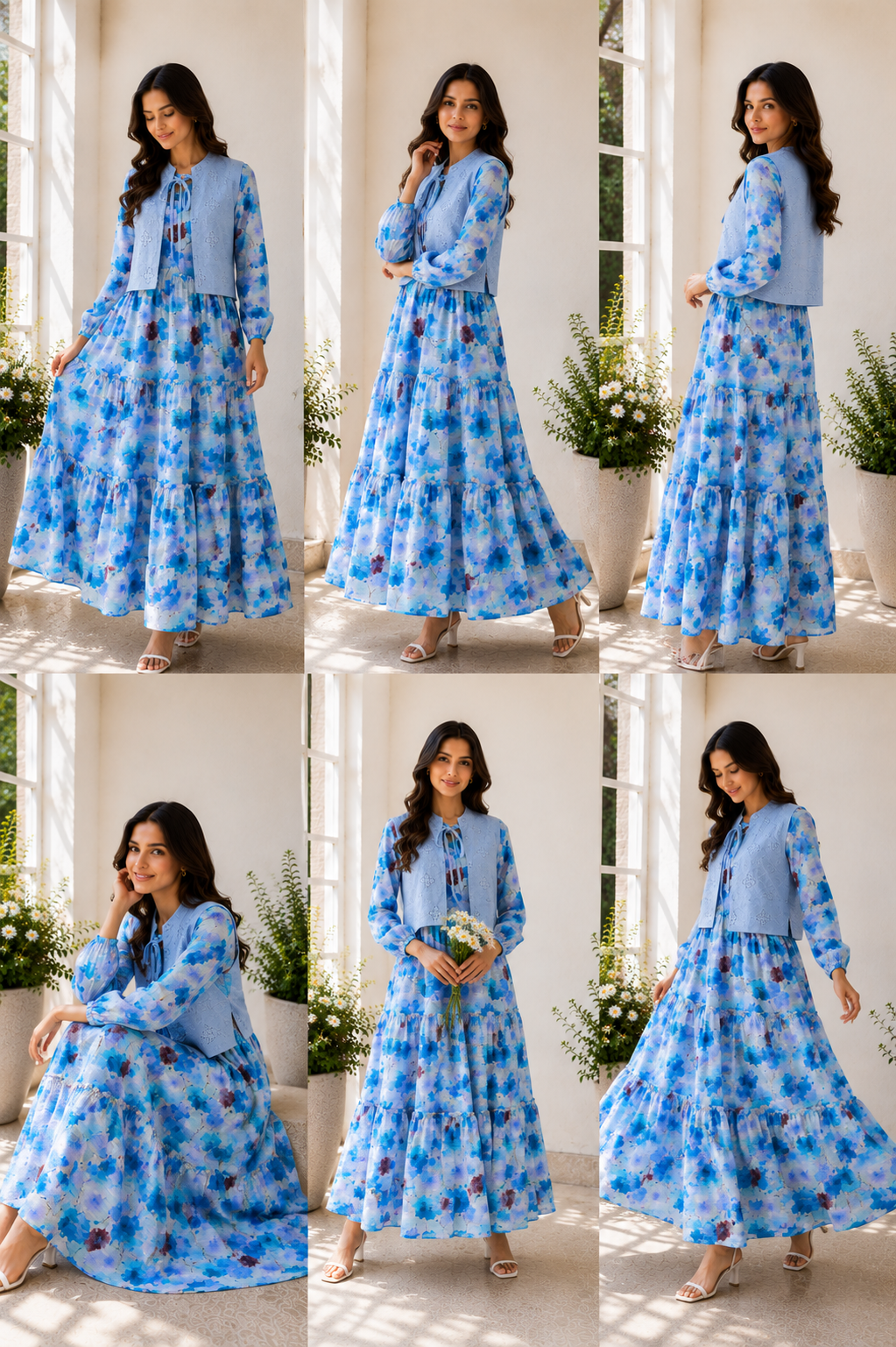 Blue Printed Maxi dress with Premium Chicken Kari lown Koti
