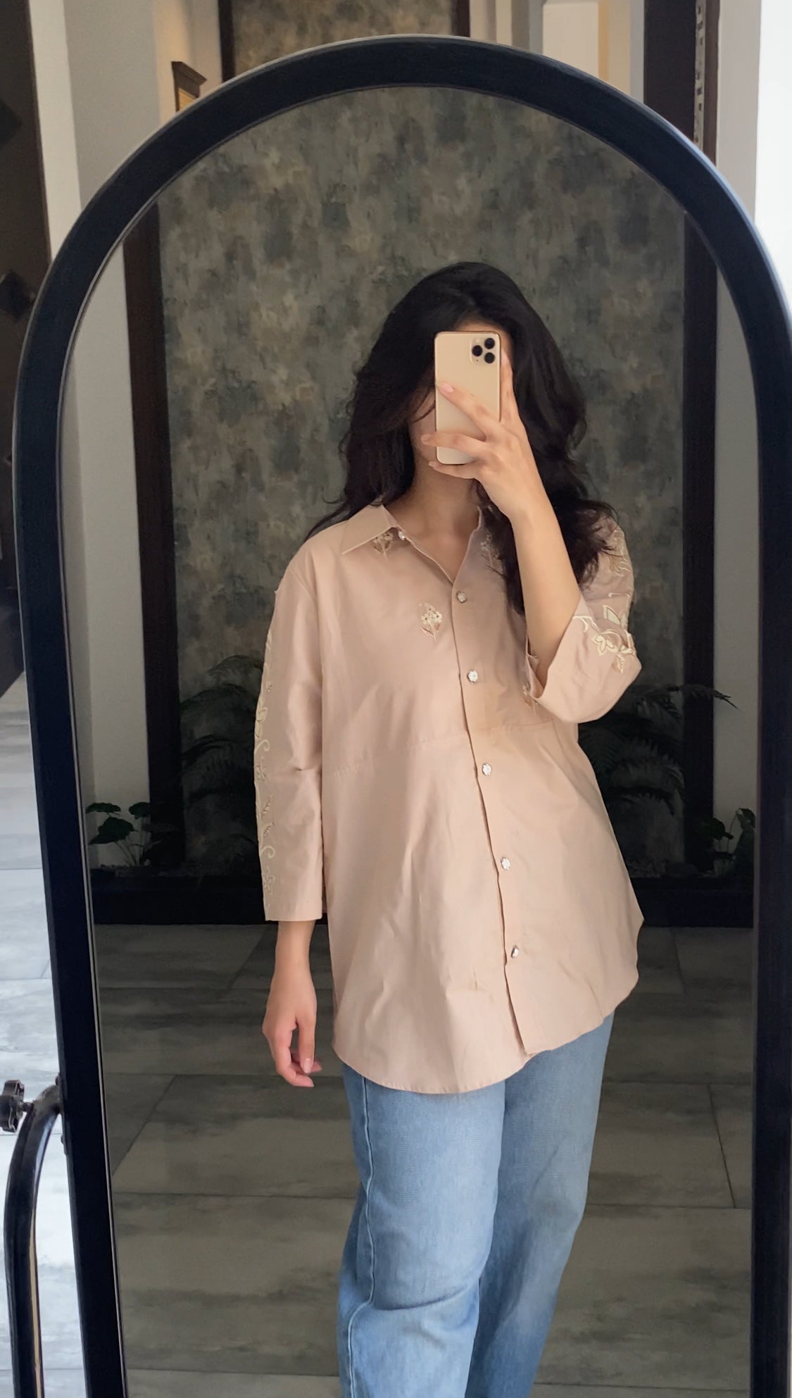 Mocha Embroidered Premium Cotton Shirt for Women – Floral Button-Down Summer Top