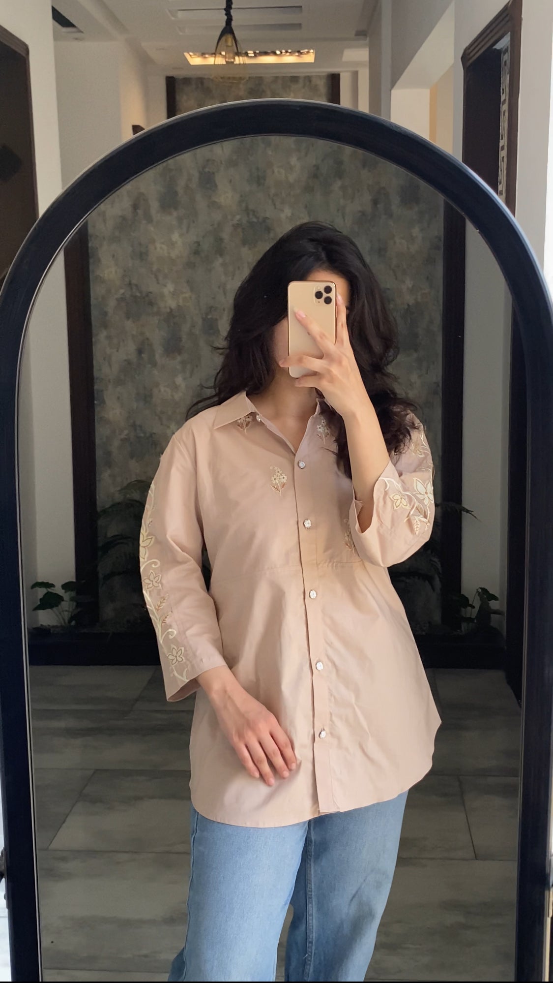 Mocha Embroidered Premium Cotton Shirt for Women – Floral Button-Down Summer Top