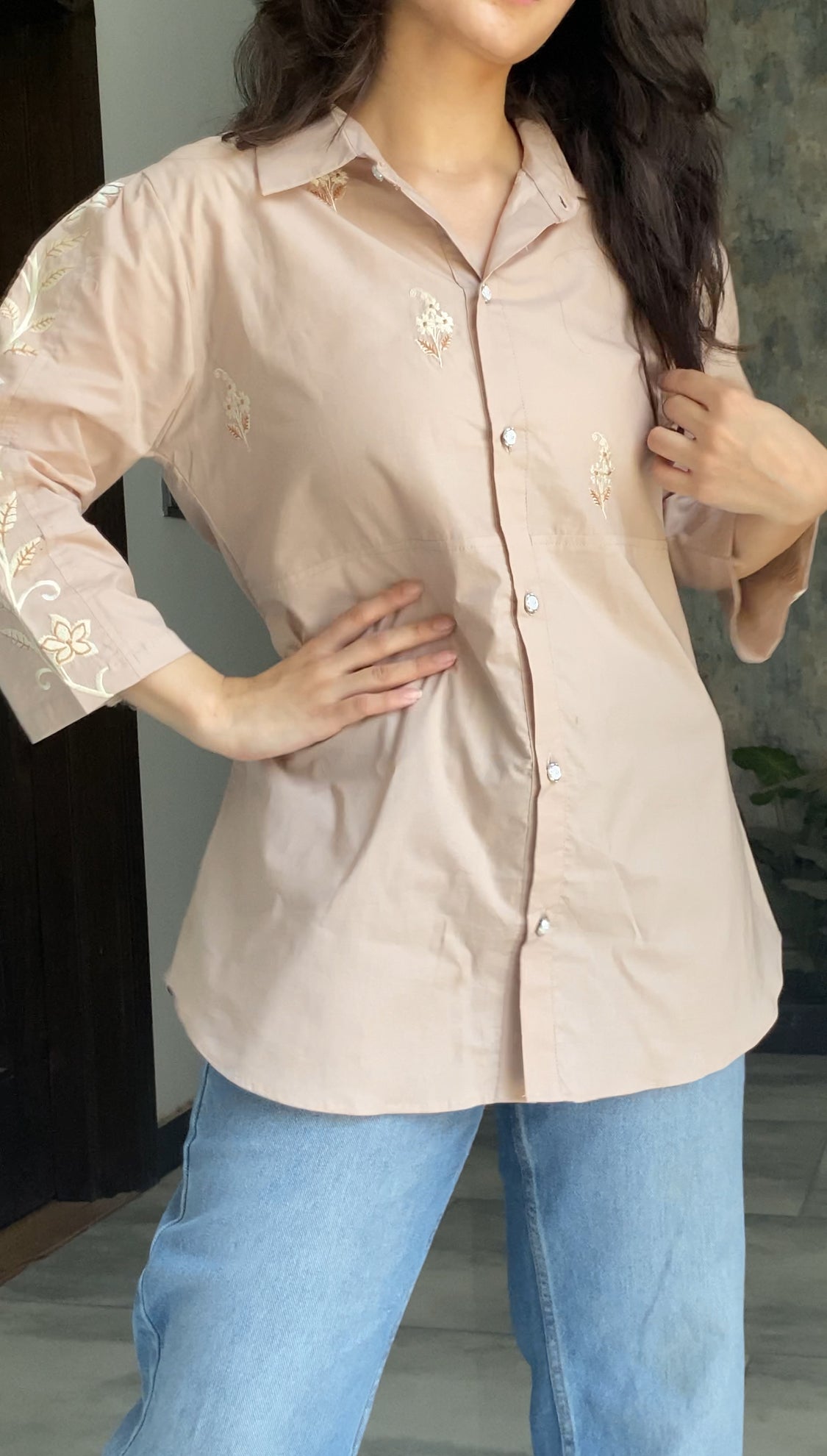 Mocha Embroidered Premium Cotton Shirt for Women – Floral Button-Down Summer Top