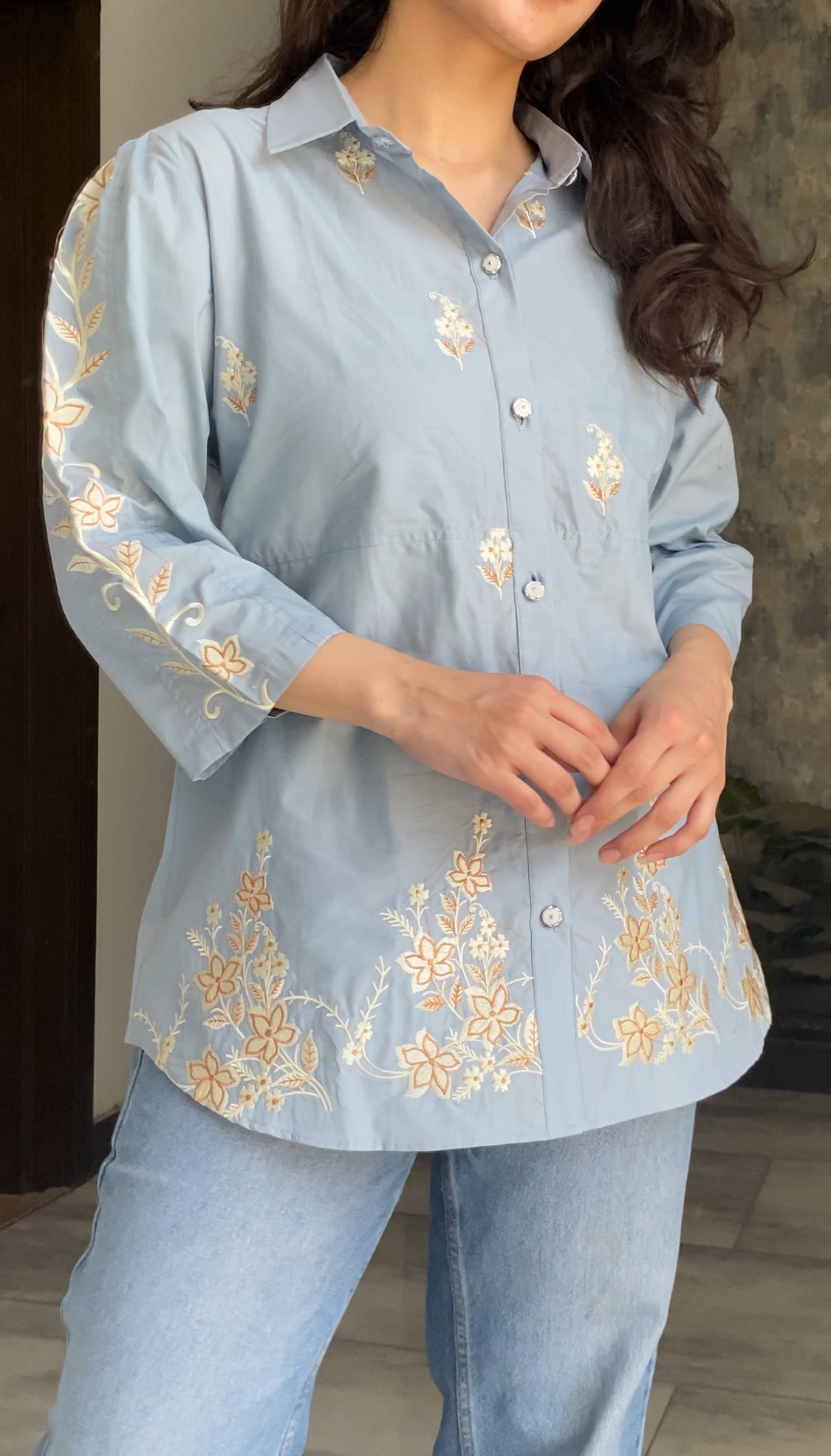 Mocha Embroidered Premium Cotton Shirt for Women – Floral Button-Down Summer Top