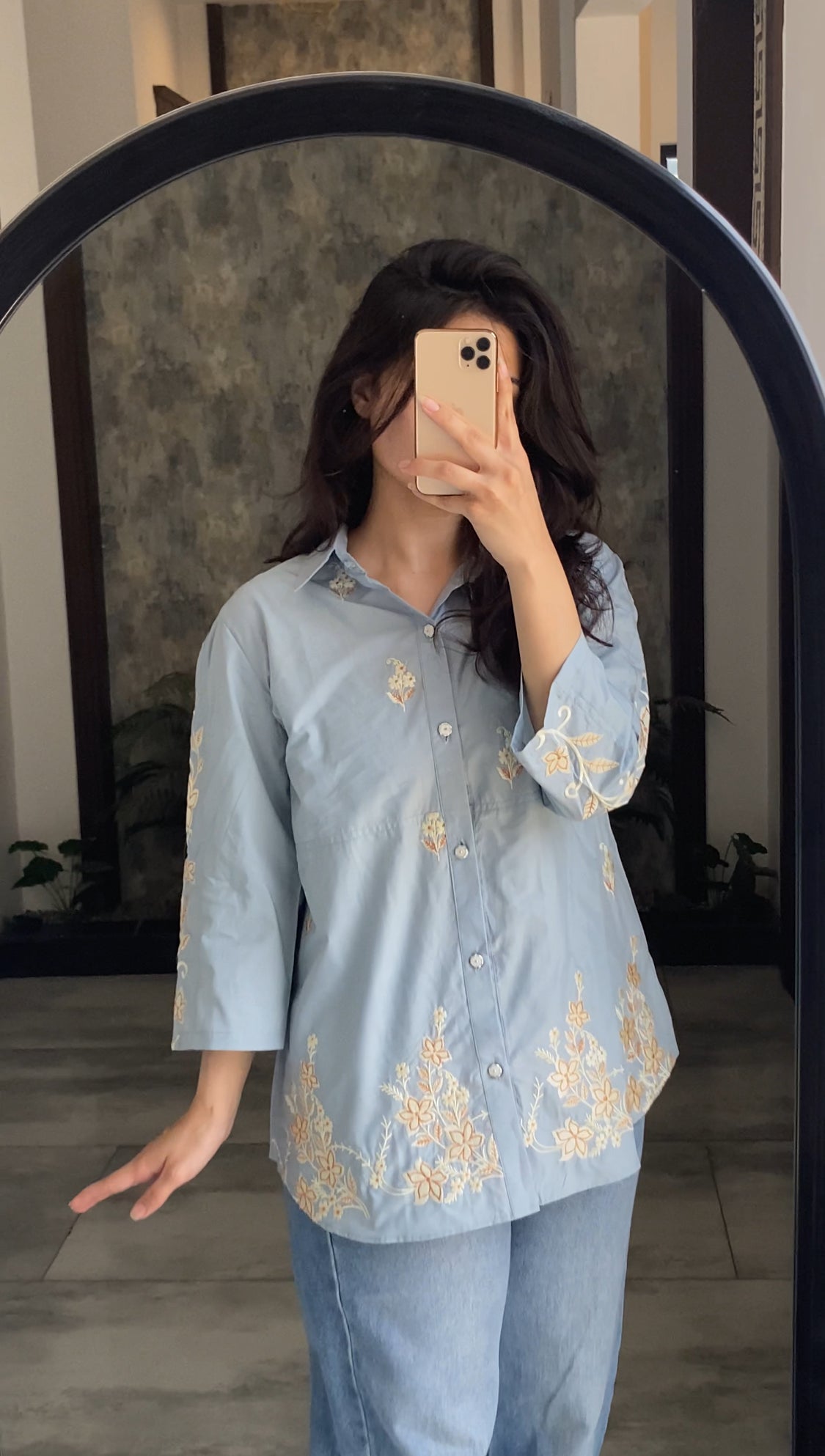 Mocha Embroidered Premium Cotton Shirt for Women – Floral Button-Down Summer Top