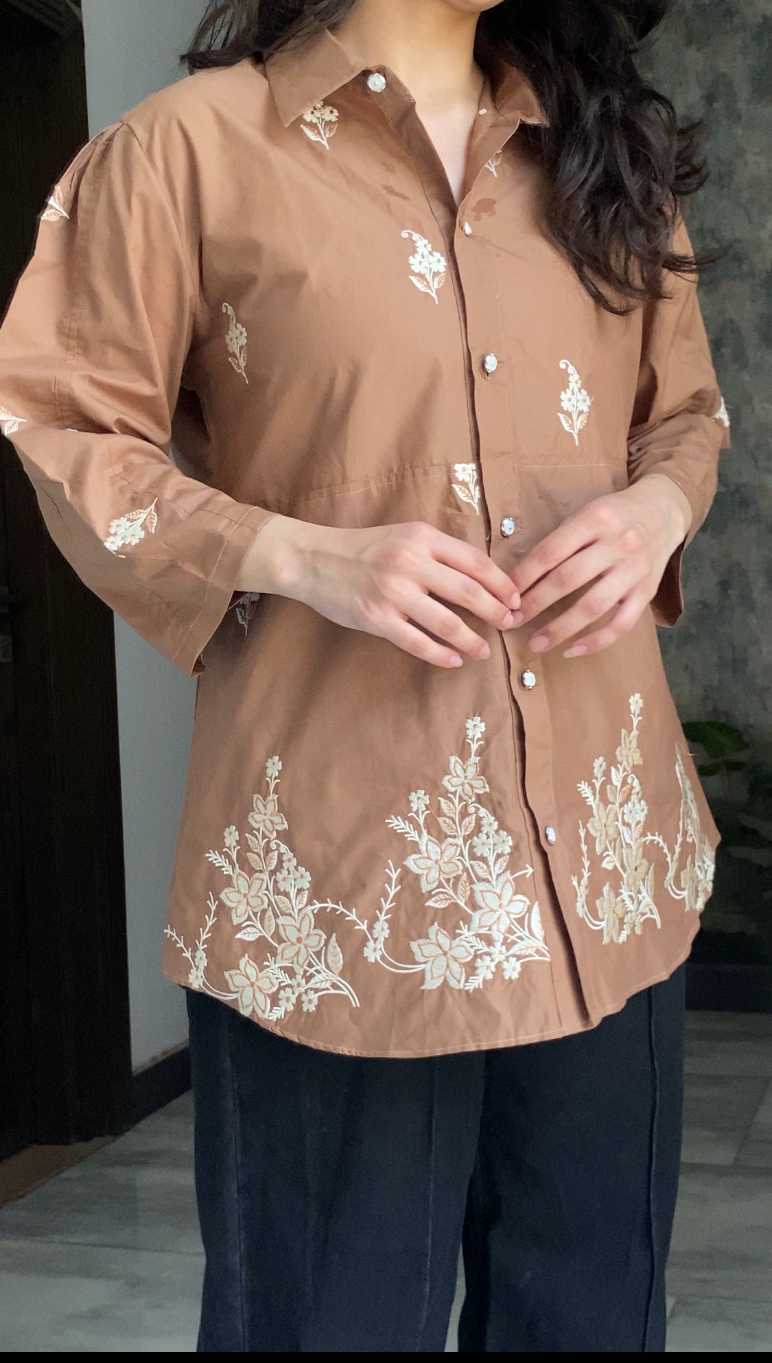 Mocha Embroidered Premium Cotton Shirt for Women – Floral Button-Down Summer Top