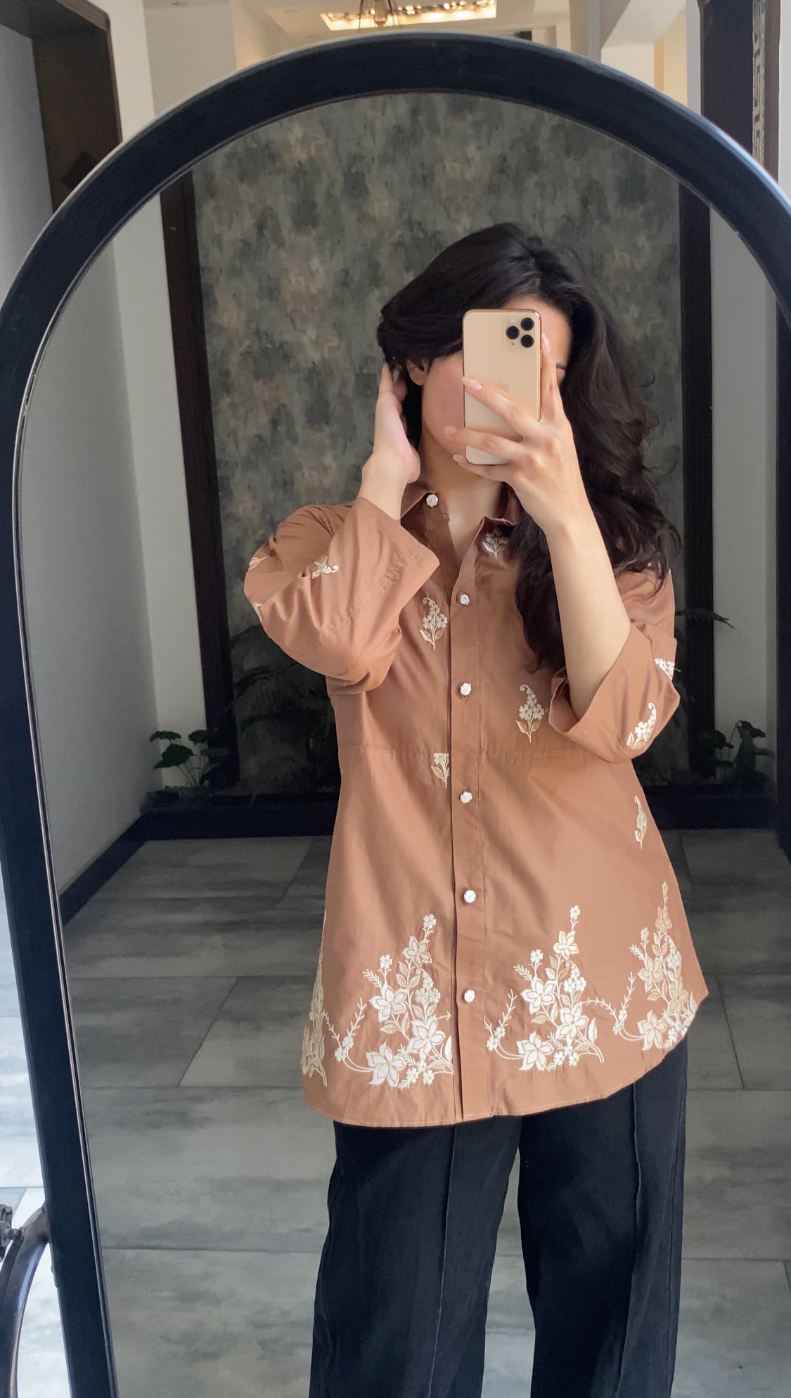 Mocha Embroidered Premium Cotton Shirt for Women – Floral Button-Down Summer Top