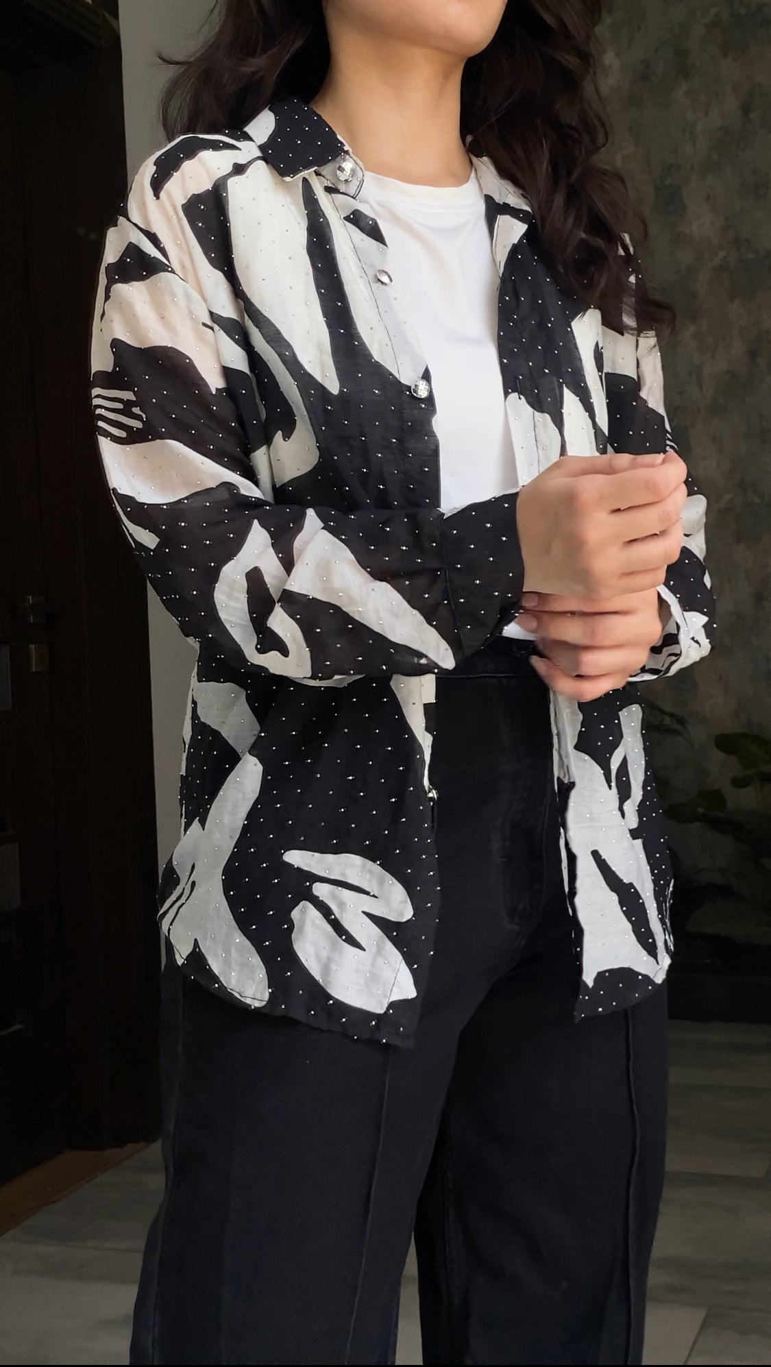 Black & White Abstract Printed Premium Lawn Shirt for Women – Casual Button-Down Summer Top