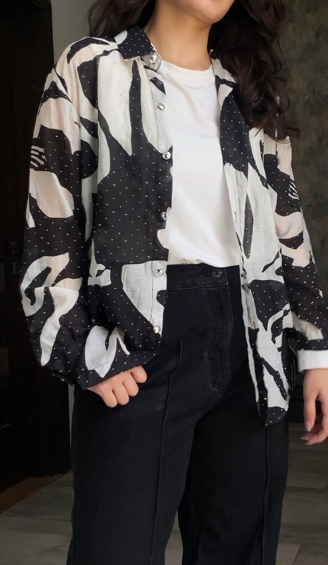 Black & White Abstract Printed Premium Lawn Shirt for Women – Casual Button-Down Summer Top