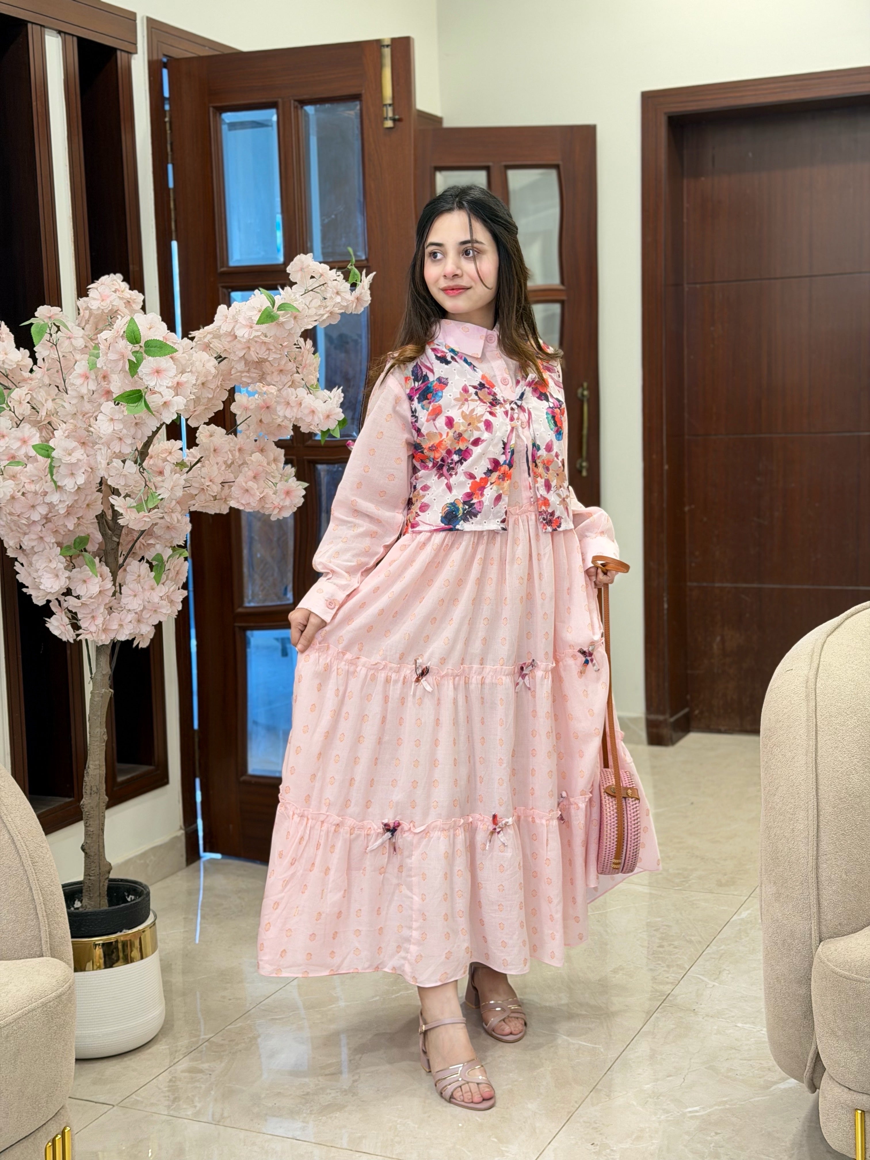 pink blossom layered maxi dress