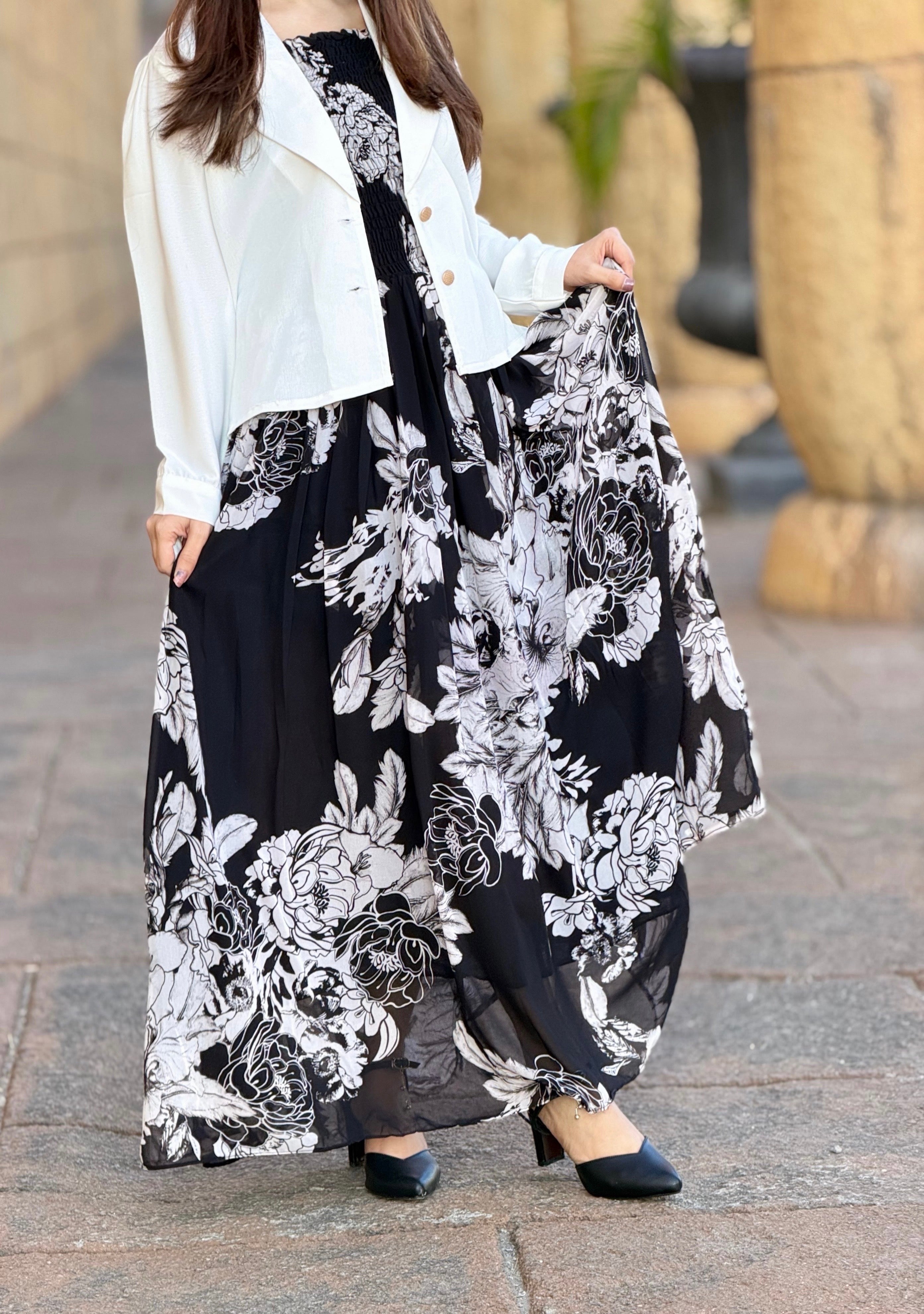 print coat maxi dress